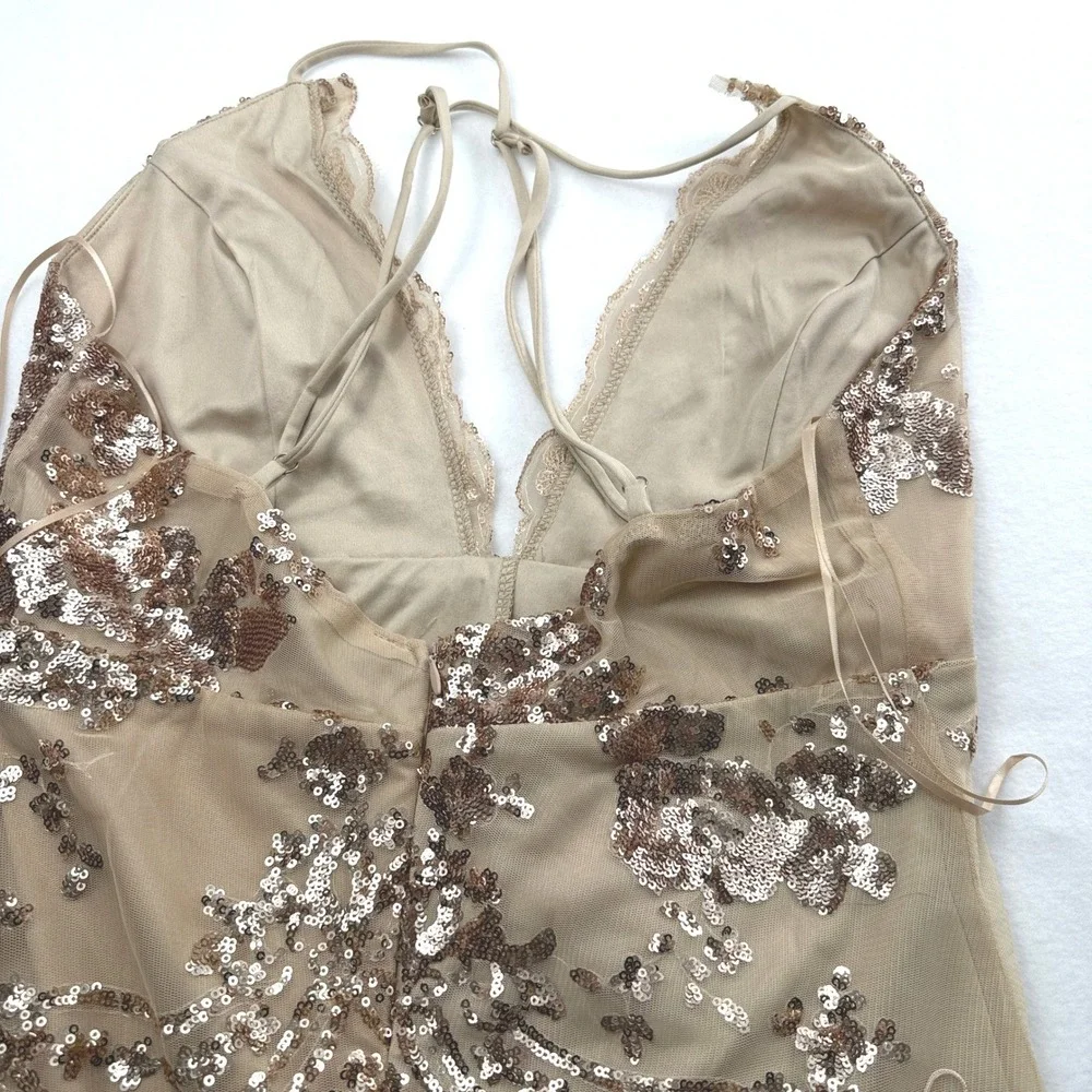 Sequin Fringe Flapper Romper‎ Deep V Gatsby Party Jumper Beige Size M - Picture 5 of 8